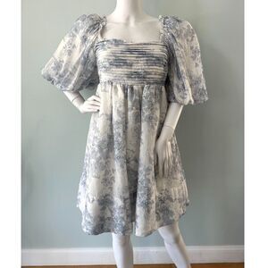 NWT Sofie the Label Cottagecore Blue Floral Puff Sleeve Babydoll Mini Dress sz L